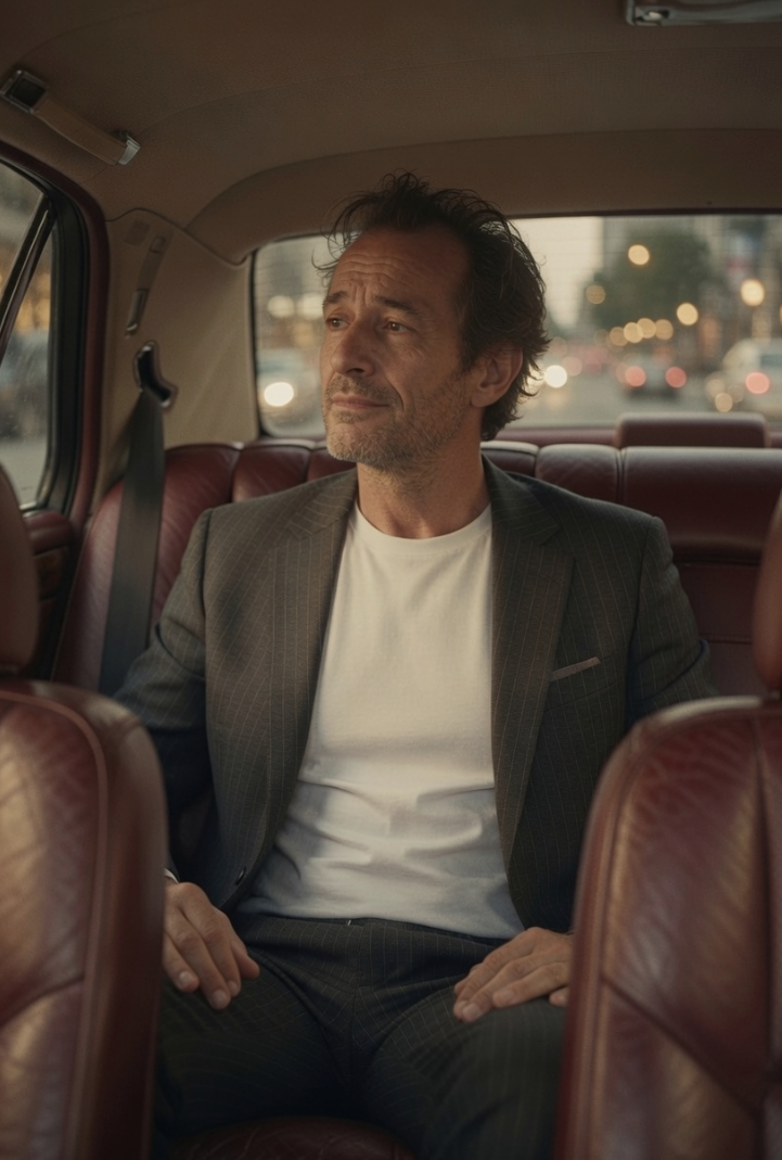 Man in a pinstripe suit and white Coco Leonard tee with a negroni in the back of a vintage taxi